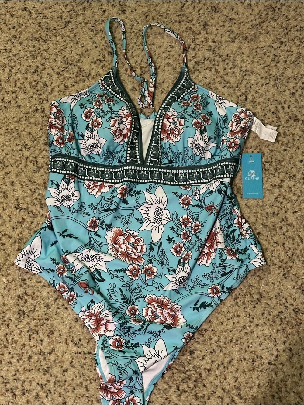 Cupshe Teal Floral One-Piece Swimsuit with Pink Accents